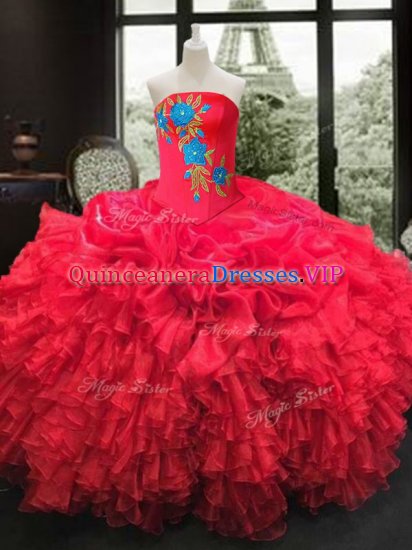 Deluxe Ball Gowns Sweet 16 Dresses Red Strapless Organza Sleeveless Floor Length Lace Up - Click Image to Close