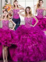 Four Piece Ball Gowns 15th Birthday Dress Fuchsia Sweetheart Organza Sleeveless Lace Up