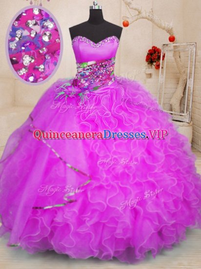 Sleeveless Floor Length Beading and Ruffles Lace Up Quinceanera Dresses with Fuchsia - Click Image to Close