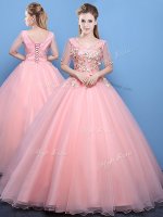 Cute Floor Length Baby Pink Quinceanera Dress Tulle Half Sleeves Appliques