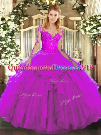 Fine Fuchsia Long Sleeves Tulle Lace Up Sweet 16 Quinceanera Dress for Military Ball and Sweet 16 and Quinceanera