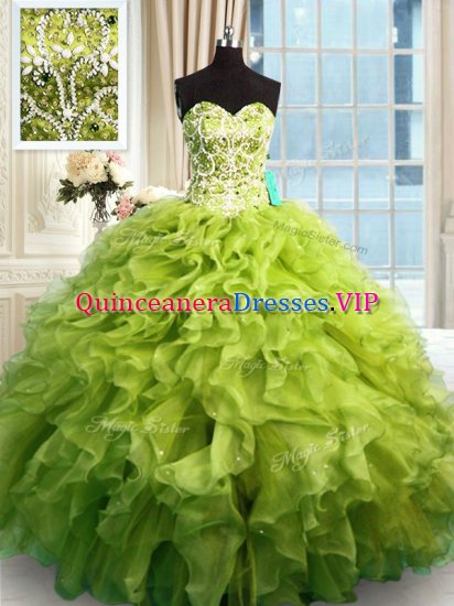 Excellent Floor Length Lace Up Sweet 16 Dress Olive Green for Military Ball and Sweet 16 and Quinceanera with Beading and Ruffles - Click Image to Close