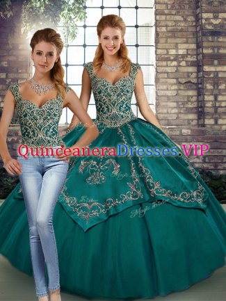 Ideal Teal Quinceanera Dress Military Ball and Sweet 16 and Quinceanera with Beading and Embroidery Straps Sleeveless Lace Up