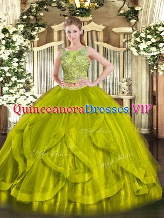 Sleeveless Floor Length Beading and Ruffles Lace Up Sweet 16 Dress with Olive Green