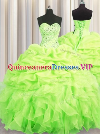 Sleeveless Organza Floor Length Lace Up Sweet 16 Quinceanera Dress in Yellow Green with Beading and Ruffles and Pick Ups