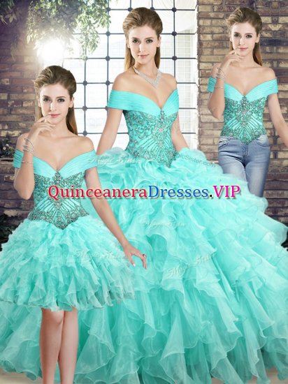 Custom Design Sleeveless Beading and Ruffles Lace Up Sweet 16 Dresses with Aqua Blue Brush Train - Click Image to Close