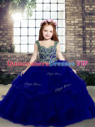 Fashion Royal Blue Sleeveless Organza Lace Up Pageant Dresses for Party and Military Ball and Wedding Party