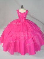 Hot Pink Organza Lace Up Quinceanera Dress Sleeveless Floor Length Beading
