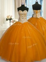 Sweetheart Sleeveless Quince Ball Gowns Floor Length Beading and Sequins Rust Red Tulle