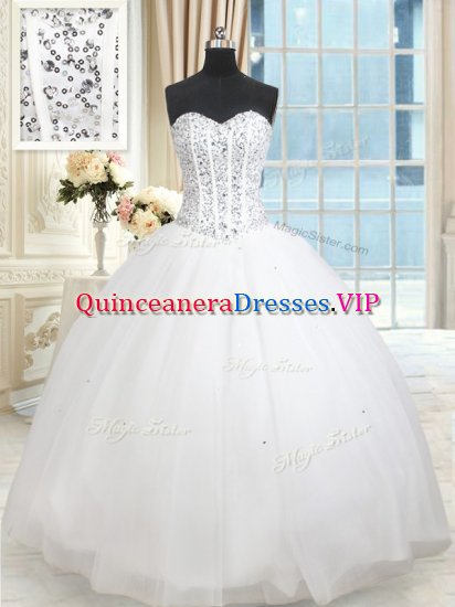 Captivating Floor Length Lace Up Ball Gown Prom Dress White for Military Ball and Sweet 16 and Quinceanera with Beading and Ruffled Layers and Sequins - Click Image to Close