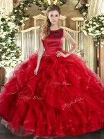 Charming Floor Length Red Quinceanera Gown Tulle Sleeveless Ruffles