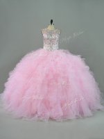 Cute Baby Pink Ball Gowns Scoop Sleeveless Tulle Floor Length Lace Up Beading and Ruffles Quinceanera Dress