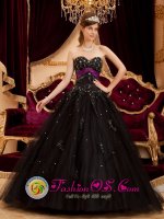 Morella Spain Wonderful Black Sweetheart Neckline Quinceanera Dress With Beaded Appliques And sash Decorate On Tulle