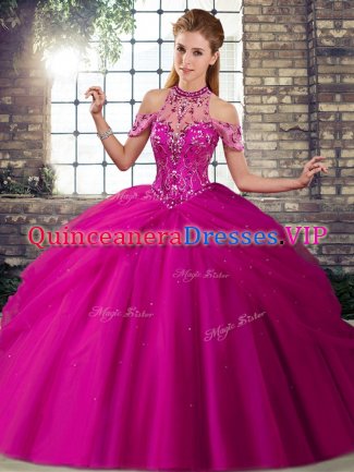 Fuchsia Sleeveless Beading and Pick Ups Lace Up Vestidos de Quinceanera