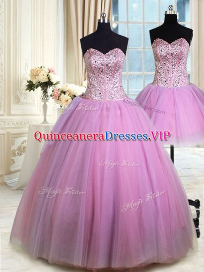 Custom Made Three Piece Lilac Tulle Lace Up Quinceanera Dresses Sleeveless Floor Length Beading - Click Image to Close