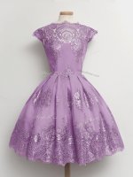 On Sale A-line Quinceanera Dama Dress Lavender Scalloped Tulle Cap Sleeves Knee Length Lace Up