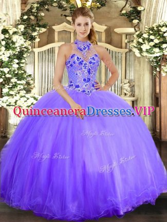Designer Embroidery 15th Birthday Dress Lavender Lace Up Sleeveless Floor Length
