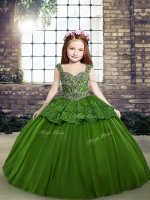 Sleeveless Tulle Floor Length Lace Up Kids Pageant Dress in Green with Beading
