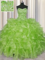 Great Visible Boning Strapless Sleeveless Sweet 16 Dresses Floor Length Beading and Ruffles Yellow Green Organza