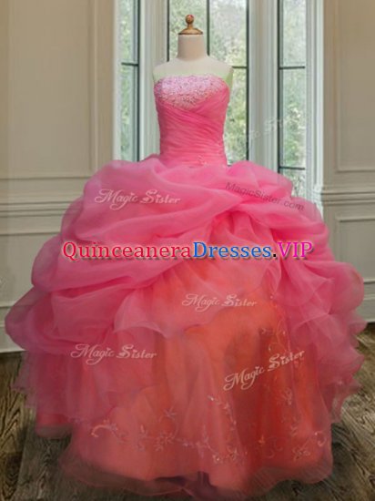 Fabulous Strapless Sleeveless Sweet 16 Dress Floor Length Embroidery and Pick Ups Pink Organza - Click Image to Close