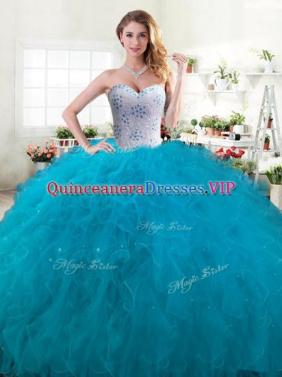 Best Selling Teal Sweetheart Lace Up Beading and Ruffles Quinceanera Dress Sleeveless - Click Image to Close
