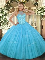 Aqua Blue Ball Gowns Halter Top Sleeveless Tulle Floor Length Lace Up Beading and Embroidery Vestidos de Quinceanera(SKU SJQDDT1277002-2BIZ)