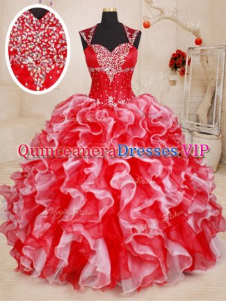 Admirable Straps Sleeveless Beading and Ruffles Lace Up Party Dresses