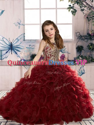 Scoop Sleeveless Pageant Gowns Floor Length Beading and Ruffles Wine Red Organza