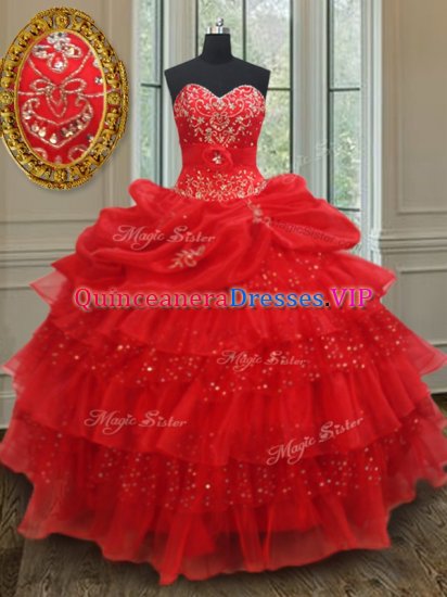 Cute Red Ball Gowns Sweetheart Sleeveless Organza Floor Length Lace Up Beading and Ruffled Layers and Sequins and Pick Ups Sweet 16 Dress - Click Image to Close