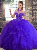Discount Purple Halter Top Lace Up Beading and Ruffles Quinceanera Gowns Sleeveless