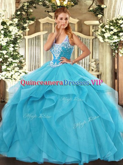 Stylish Aqua Blue Sleeveless Tulle Lace Up Vestidos de Quinceanera for Military Ball and Sweet 16 and Quinceanera - Click Image to Close