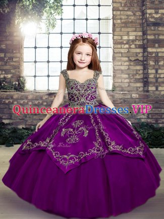 Eggplant Purple and Purple Lace Up Straps Embroidery Girls Pageant Dresses Tulle Sleeveless