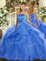 Dramatic Sleeveless Floor Length Ruffles Lace Up 15 Quinceanera Dress with Blue