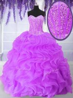High Quality Floor Length Lilac Quinceanera Gown Organza Sleeveless Beading and Ruffles