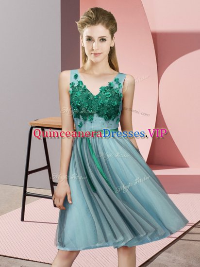Trendy Aqua Blue Lace Up Dama Dress for Quinceanera Appliques Sleeveless Knee Length - Click Image to Close