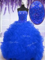 Stylish Brush Train Ball Gowns Vestidos de Quinceanera Royal Blue Strapless Organza Sleeveless With Train Lace Up(SKU PSSW0100-8BIZ)