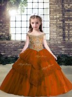 Rust Red Tulle Lace Up Kids Pageant Dress Sleeveless Floor Length Beading and Appliques