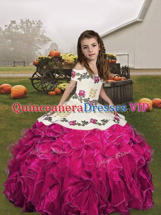Latest Sleeveless Floor Length Embroidery and Ruffles Lace Up Child Pageant Dress with Fuchsia