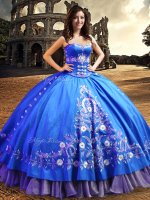 Royal Blue Satin Lace Up One Shoulder Sleeveless Floor Length Quince Ball Gowns Lace and Embroidery