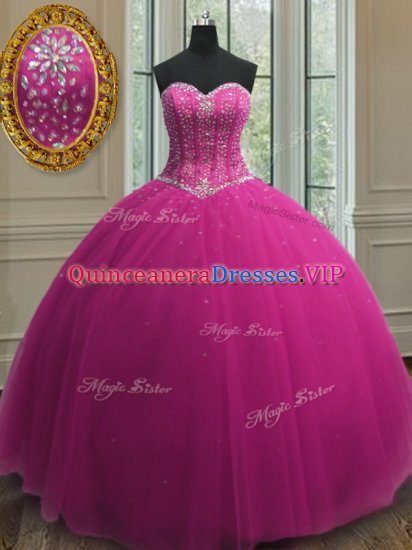 Spectacular Floor Length Fuchsia Sweet 16 Dresses Tulle Sleeveless Beading and Sequins - Click Image to Close