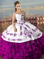 Customized White And Purple Lace Up Sweetheart Sleeveless Floor Length 15 Quinceanera Dress Embroidery and Ruffles