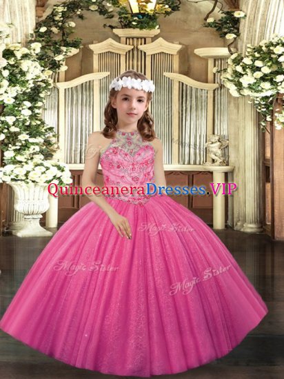 Customized Appliques Kids Formal Wear Hot Pink Lace Up Sleeveless Floor Length - Click Image to Close