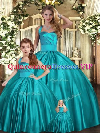 Sleeveless Floor Length Ruching Lace Up Sweet 16 Quinceanera Dress with Teal