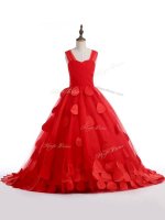 Hot Sale Red Straps Lace Up Appliques Child Pageant Dress Brush Train Sleeveless(SKU SWLG192BIZ)