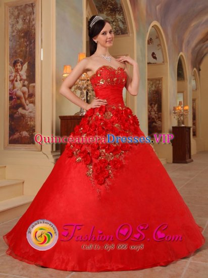 Shebbear Devon Hand Made Flowers Exclusive Red Quinceanera Dress For Sweetheart Organza A-line Gown - Click Image to Close