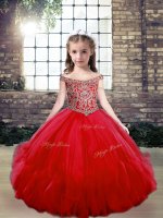 Red Tulle Lace Up Girls Pageant Dresses Sleeveless Floor Length Beading
