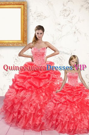 Coral Red Sleeveless Floor Length Beading and Ruffles and Pick Ups Lace Up 15th Birthday Dress