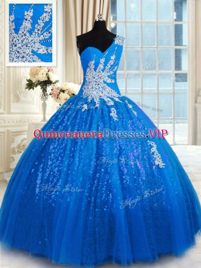 Gorgeous Blue One Shoulder Lace Up Appliques 15th Birthday Dress Sleeveless - Click Image to Close