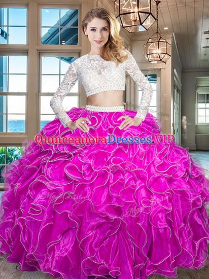 Scoop Fuchsia Organza Zipper 15 Quinceanera Dress Long Sleeves Floor Length Beading and Lace and Ruffles - Click Image to Close