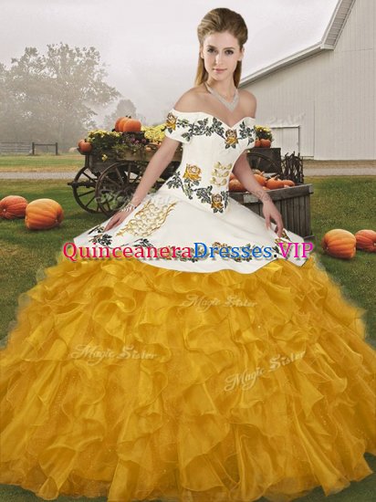 Deluxe Gold Off The Shoulder Lace Up Embroidery and Ruffles Vestidos de Quinceanera Sleeveless - Click Image to Close